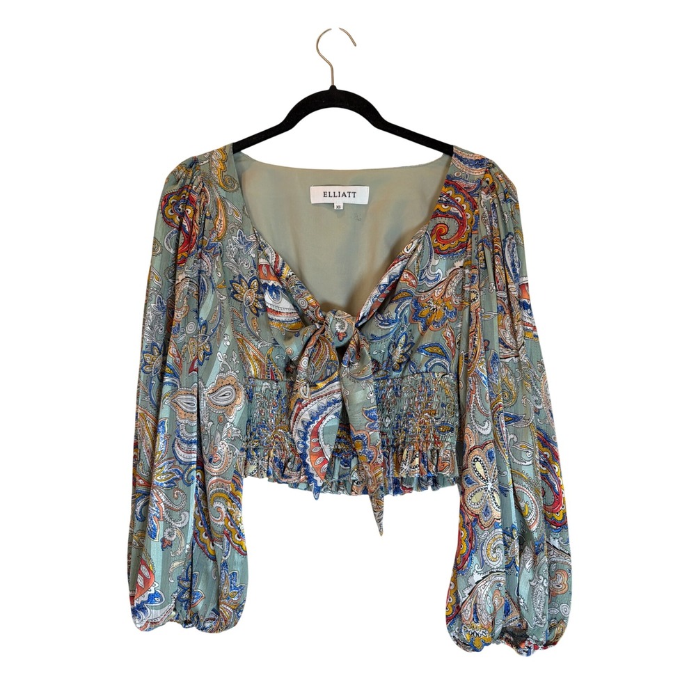 Elliatt Paisley Tie Front Crop Top Sage Green Balloon Sleeve Smocked Blouse XS